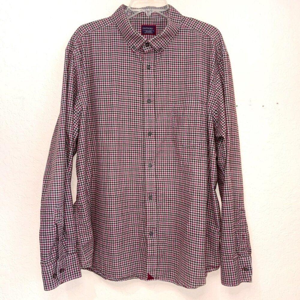 Untuckit Flannel Shirt Mens 2XL Gray Red Brown Plaid Button Down Long Sleeve